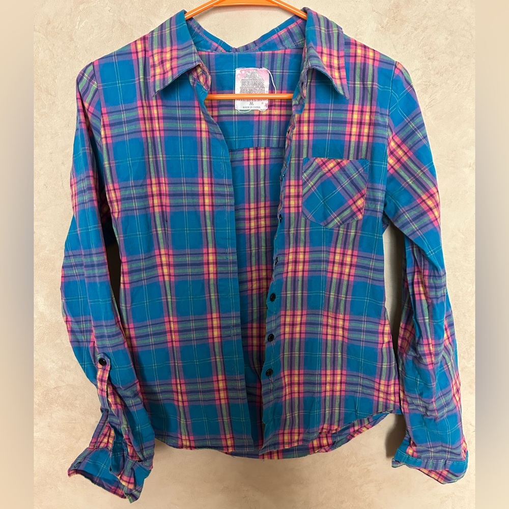 A Fine Mess Teal Plaid Button down structured heavy knit medium